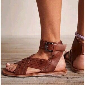 NEW $178 37.5/7.5 Free People St. Kitts Woven Brown Leather Ankle Sandals Spain‎